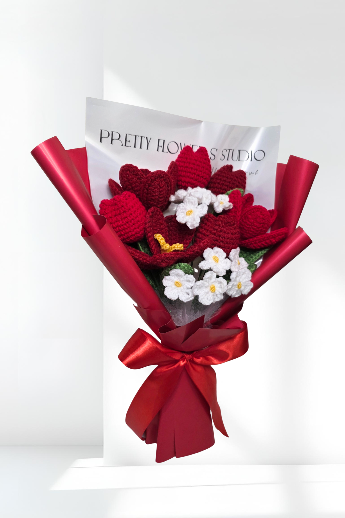 Red Tulips Bouquet with Forget Me Not Flowers