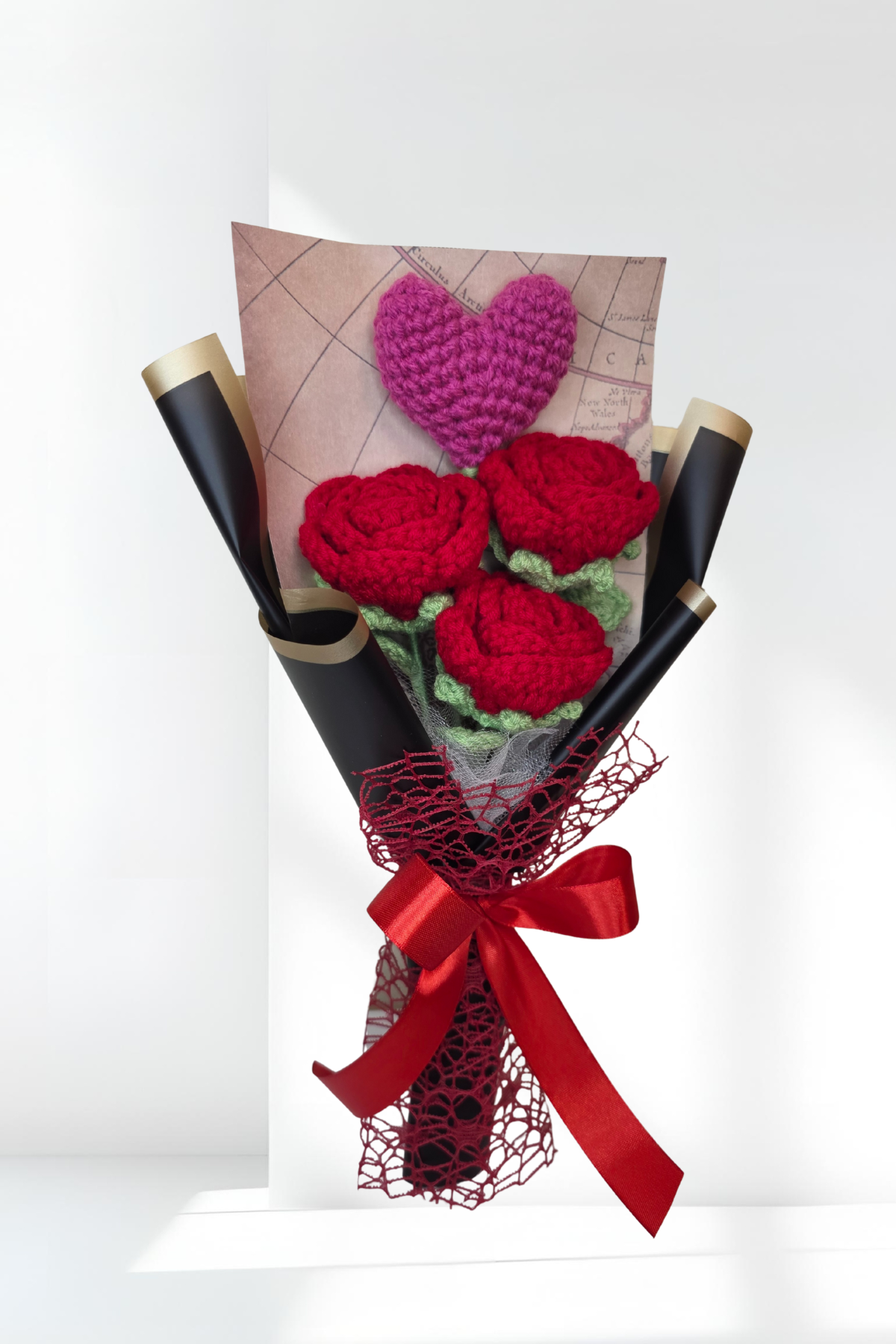 Crochet Red Roses with a Pink Heart