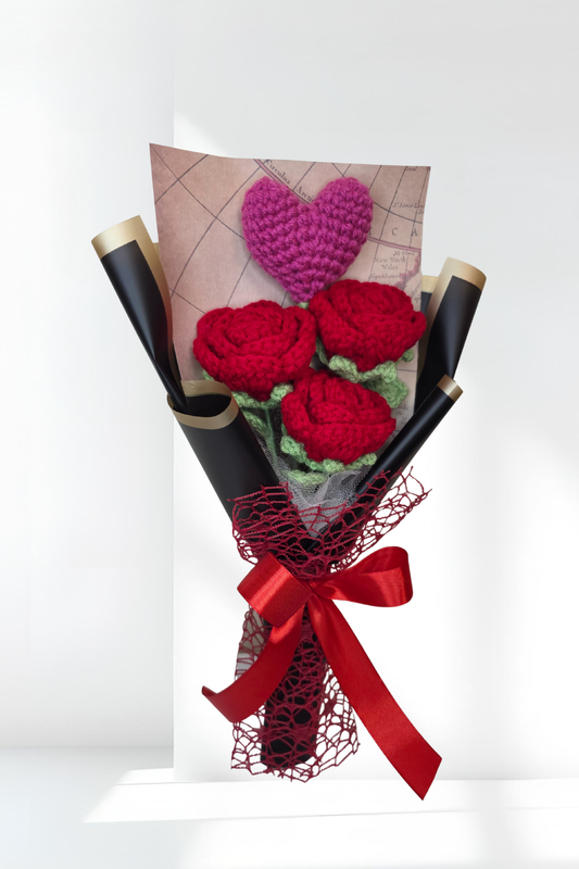 Crochet Red Roses with a Pink Heart