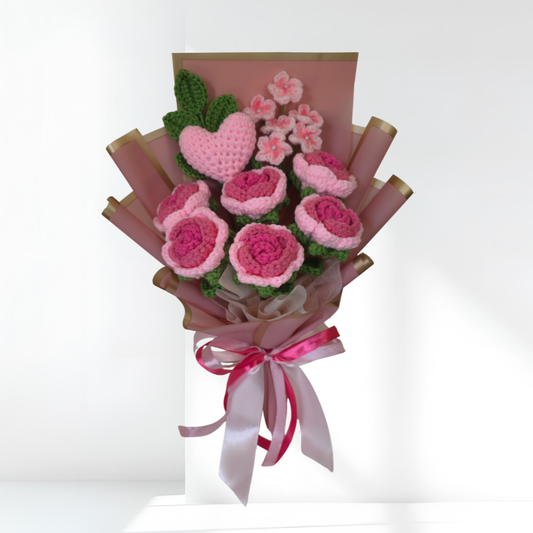 crochet flower bouquet - roses, a heart and blossoms