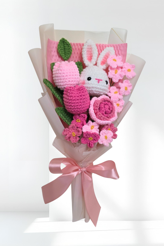 Crochet flower bouquet with a bunny flower