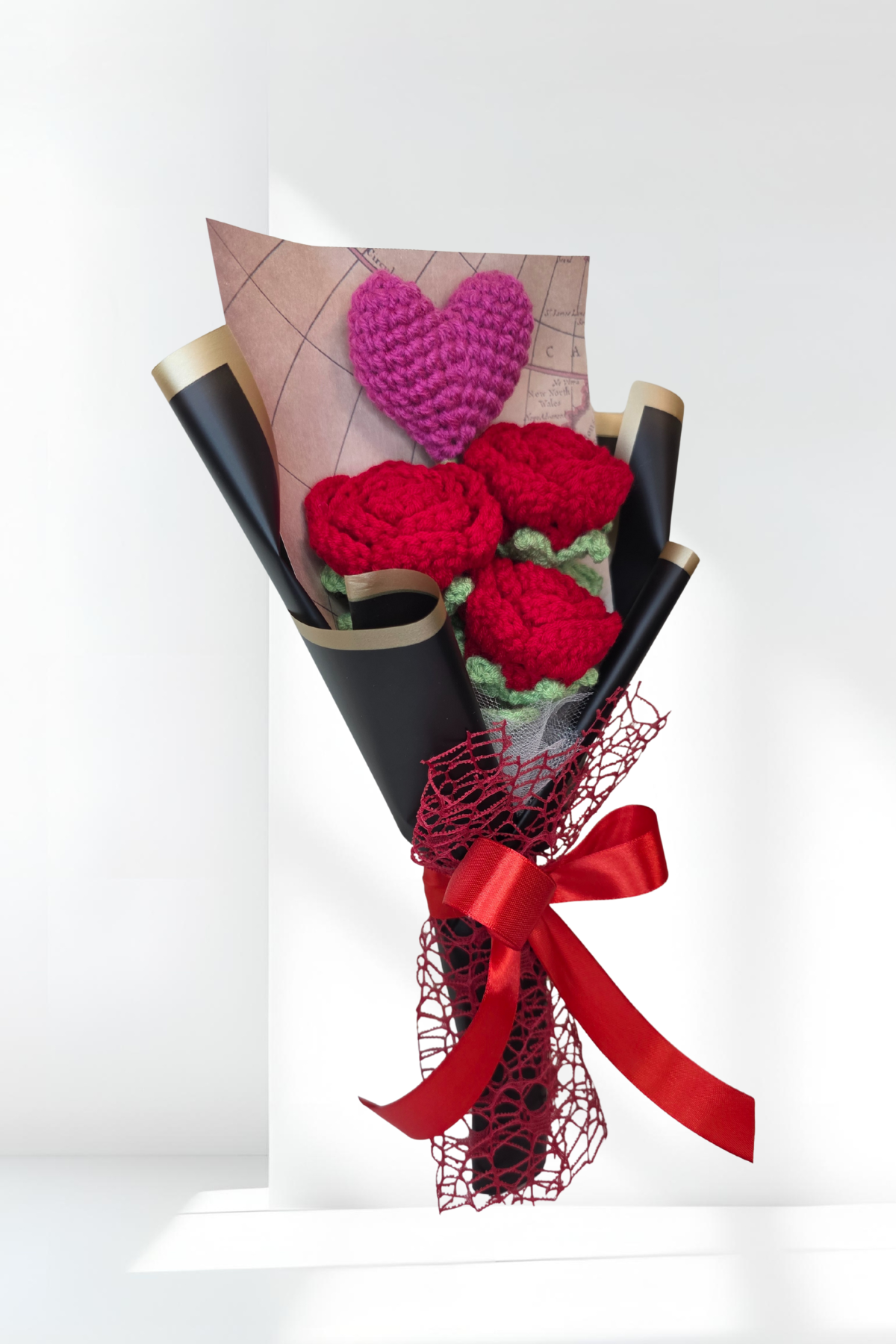 Crochet Red Roses with a Pink Heart