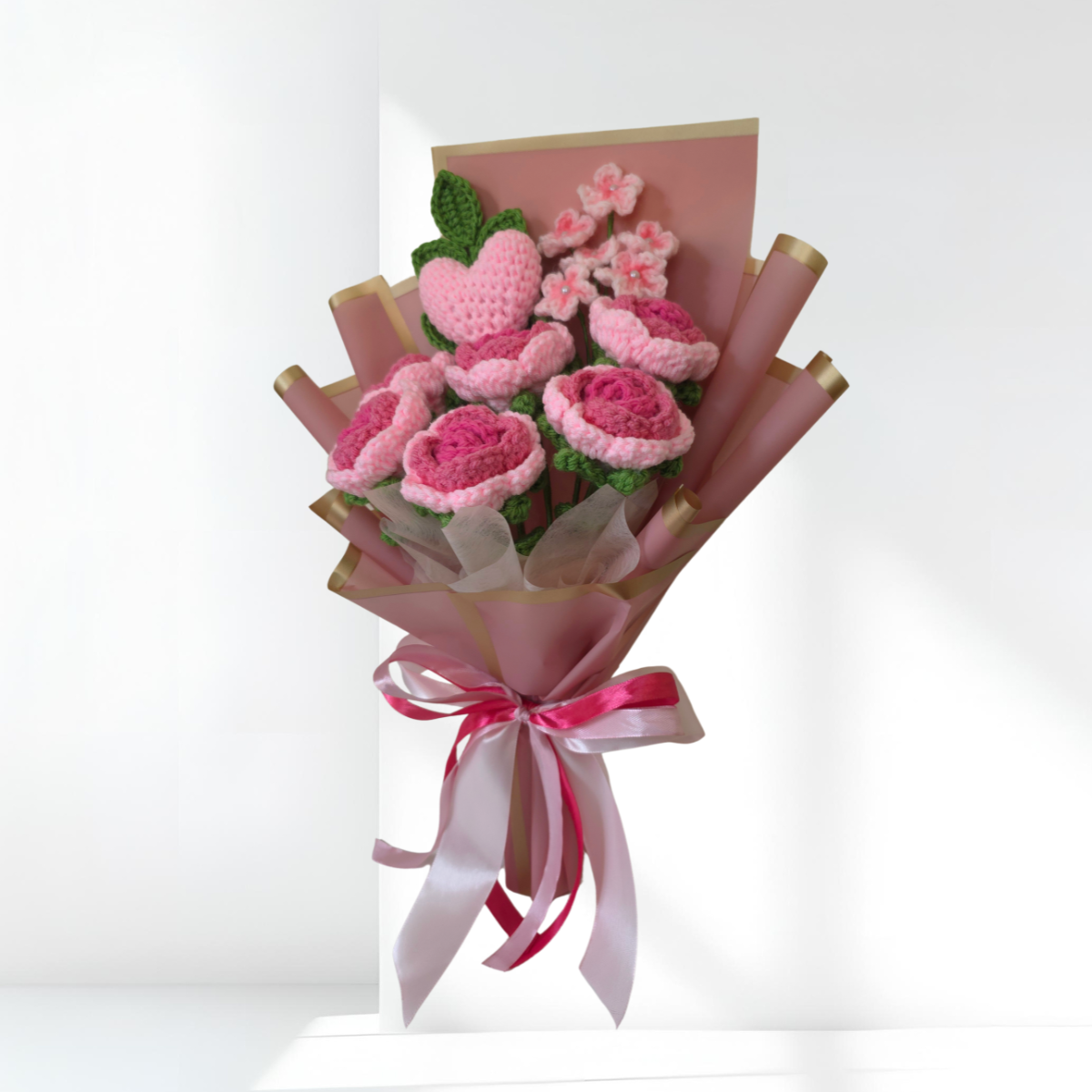 crochet flower bouquet - roses, a heart and blossoms