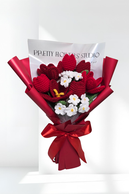 Red Tulips Bouquet with Forget Me Not Flowers