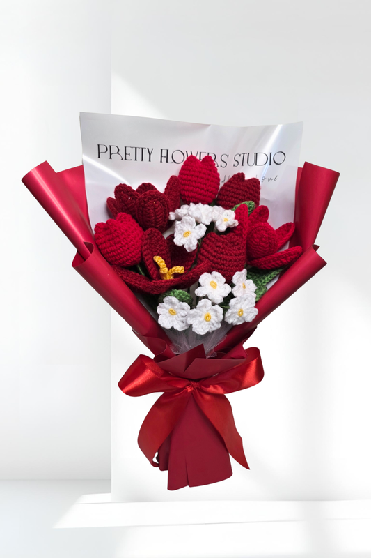 Red Tulips Bouquet with Forget Me Not Flowers
