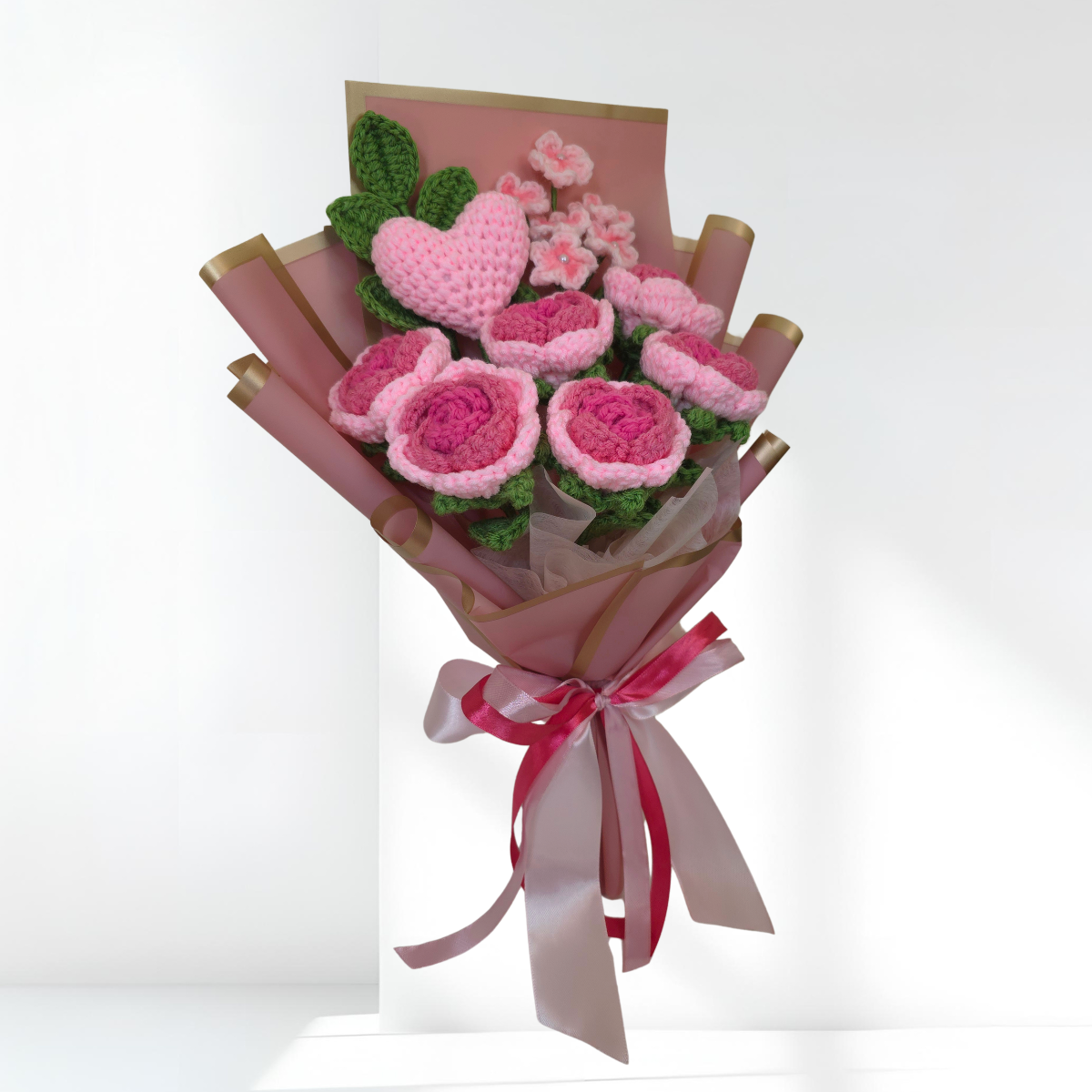 crochet flower bouquet - roses, a heart and blossoms