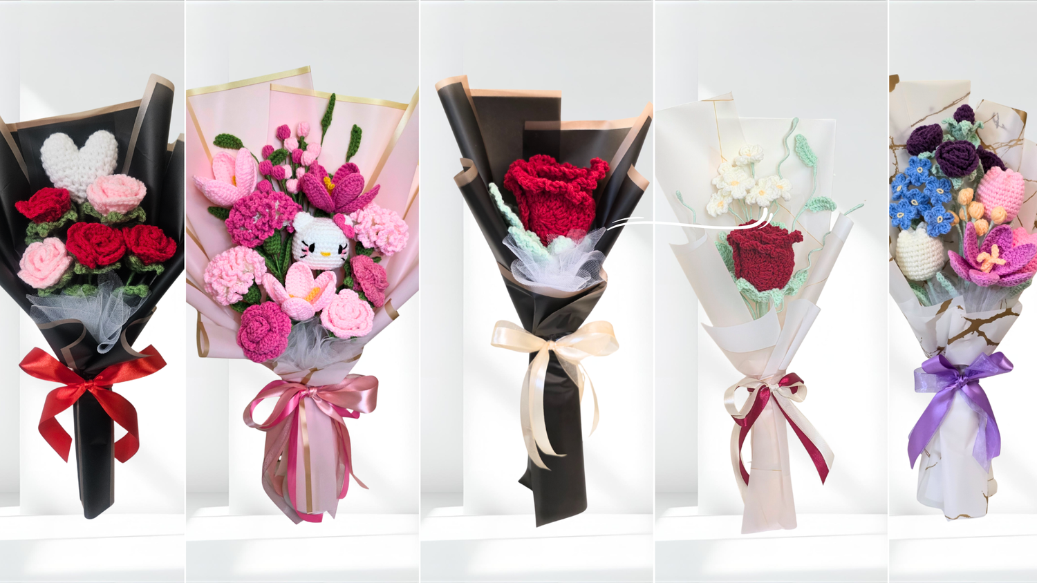 Five different crochet flower bouquets with various ribbons on a white background