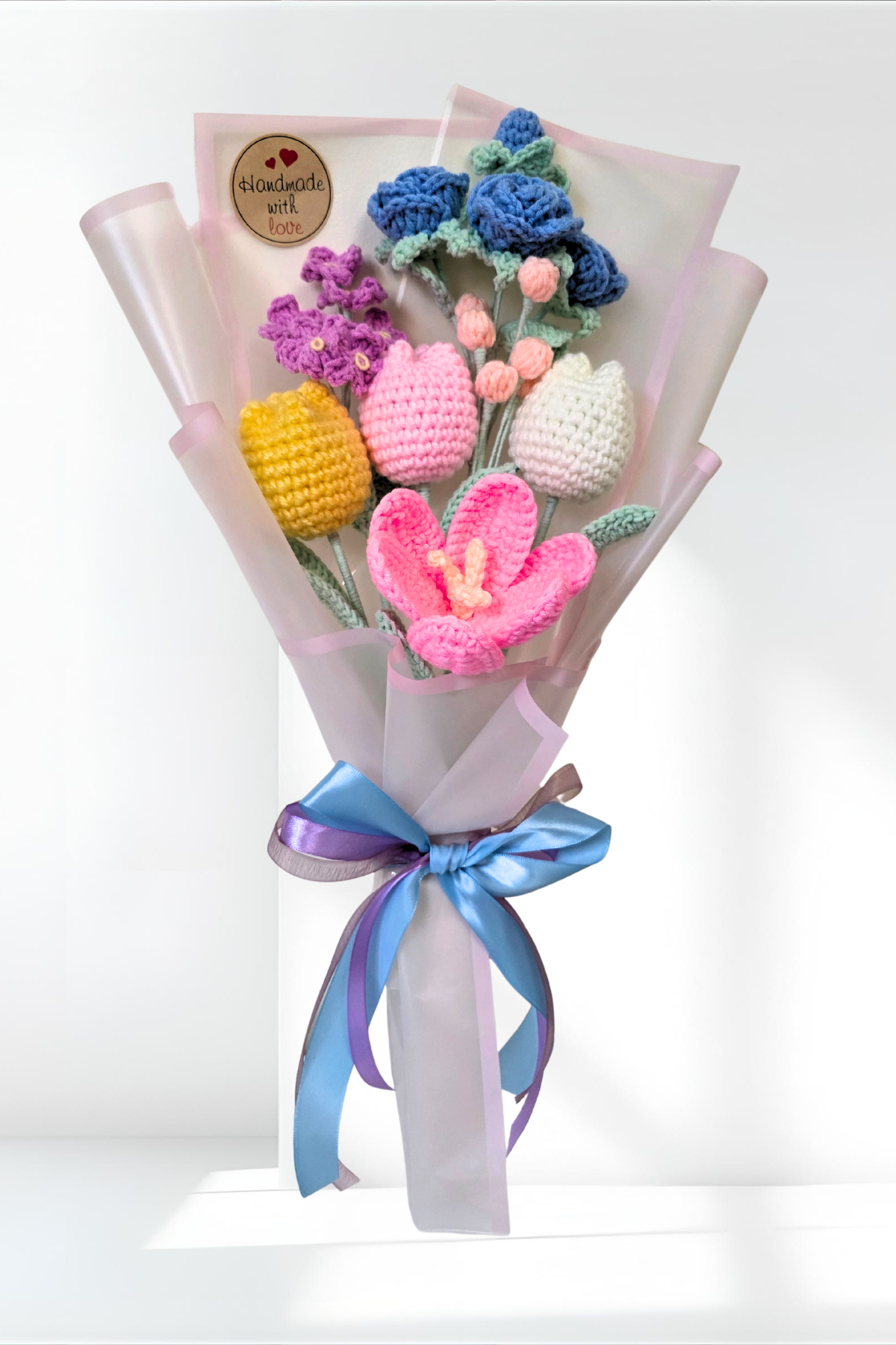 Crochet Bouquet with Blue Roses, Tulips & Forget-Me-Nots