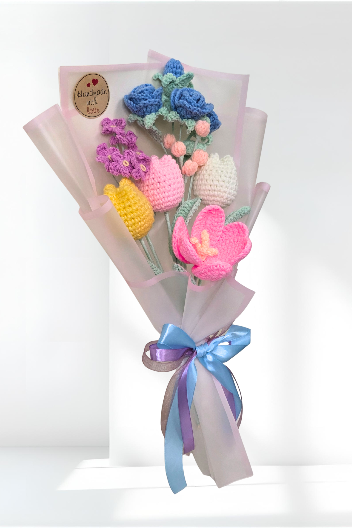 Crochet Bouquet with Blue Roses, Tulips & Forget-Me-Nots