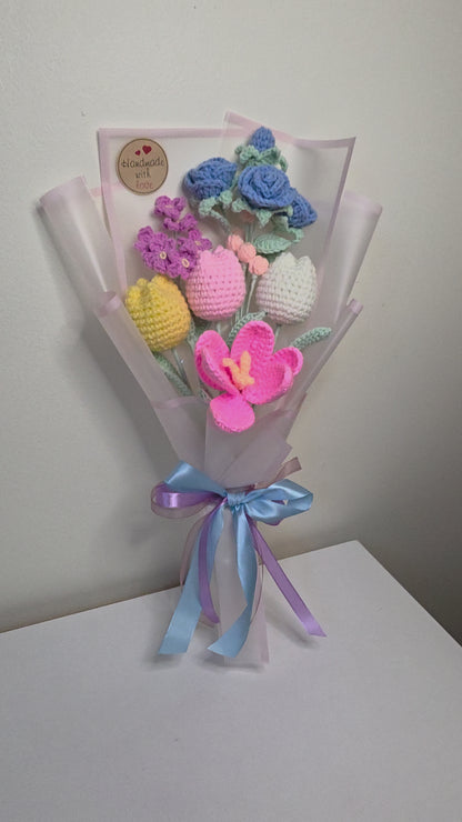 Crochet Bouquet with Blue Roses, Tulips & Forget-Me-Nots