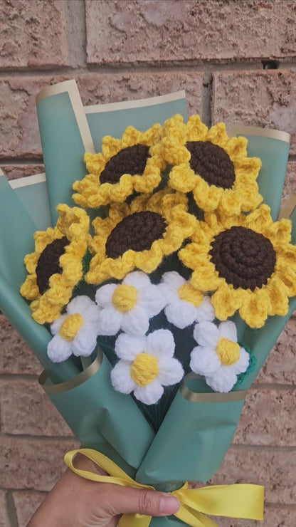 Flower Bouquet - Crochet Sunflowers with white blossoms.