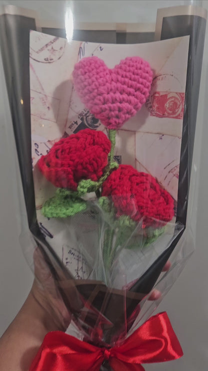 Flower Bouquet - Crochet Red Roses With a Pink Heart