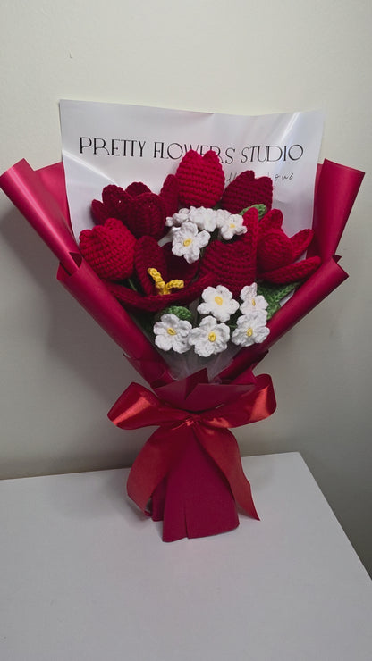 Red Tulips Bouquet with Forget Me Not Flowers