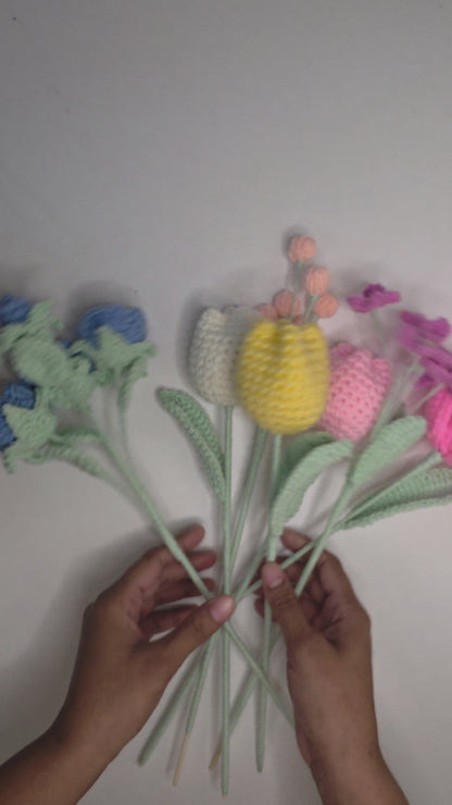 Crochet Bouquet with Blue Roses, Tulips & Forget-Me-Nots