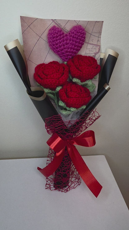 Crochet Red Roses with a Pink Heart