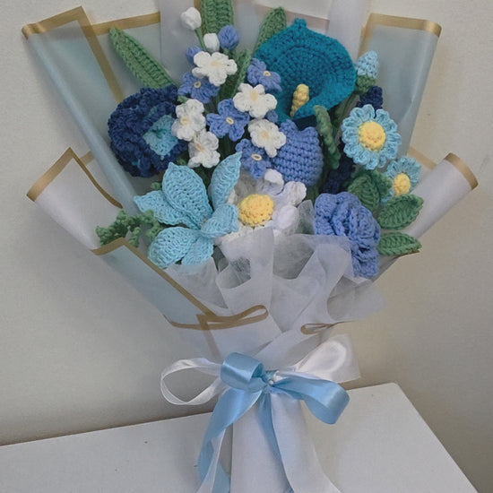 bouquet of blue crochet flowers